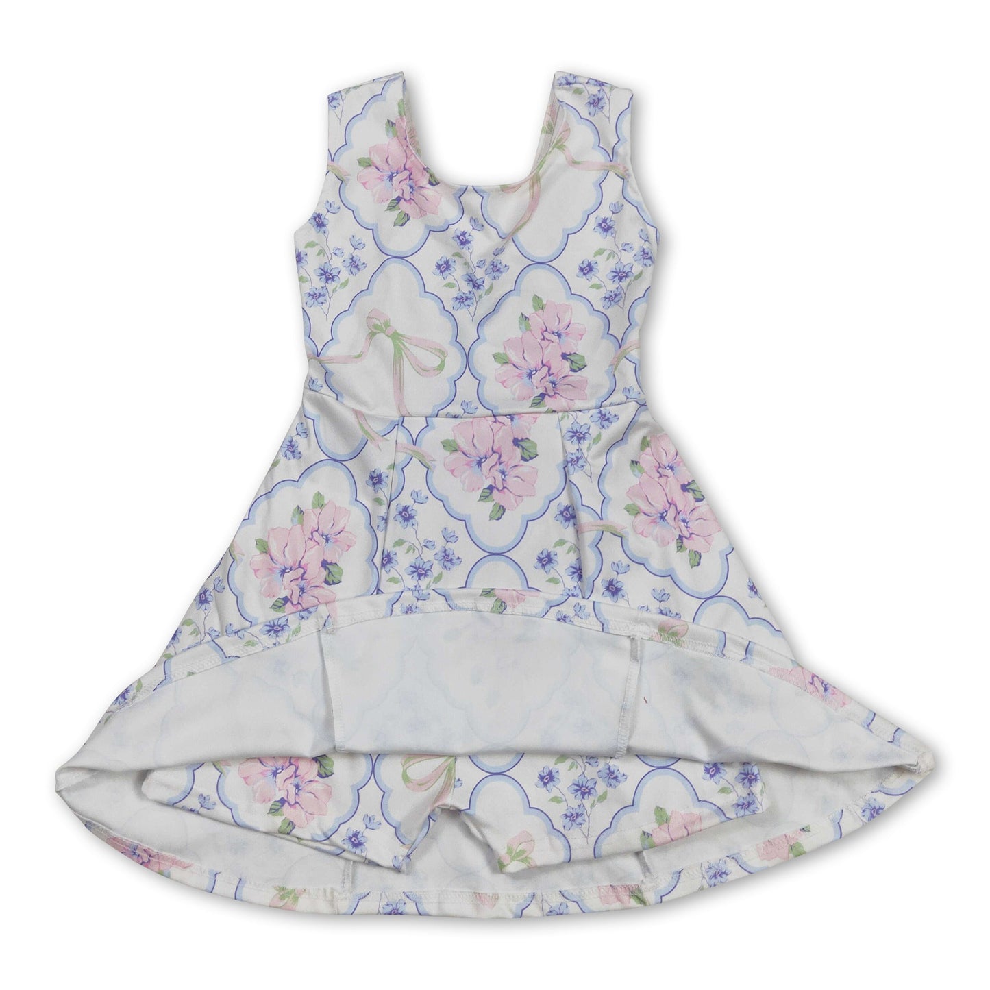 Sleeveless light blue pink floral bow baby girls athletic dresses