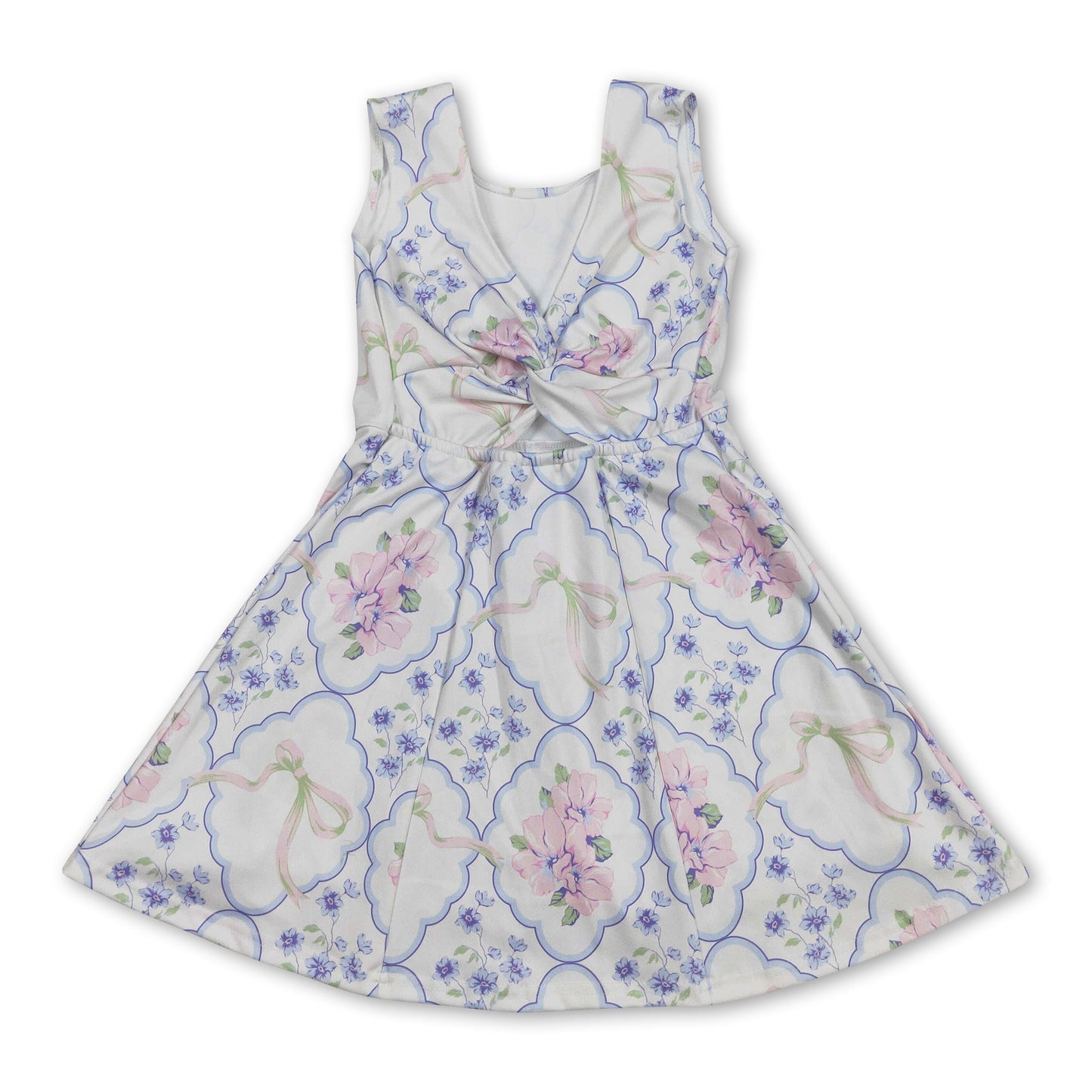 Sleeveless light blue pink floral bow baby girls athletic dresses