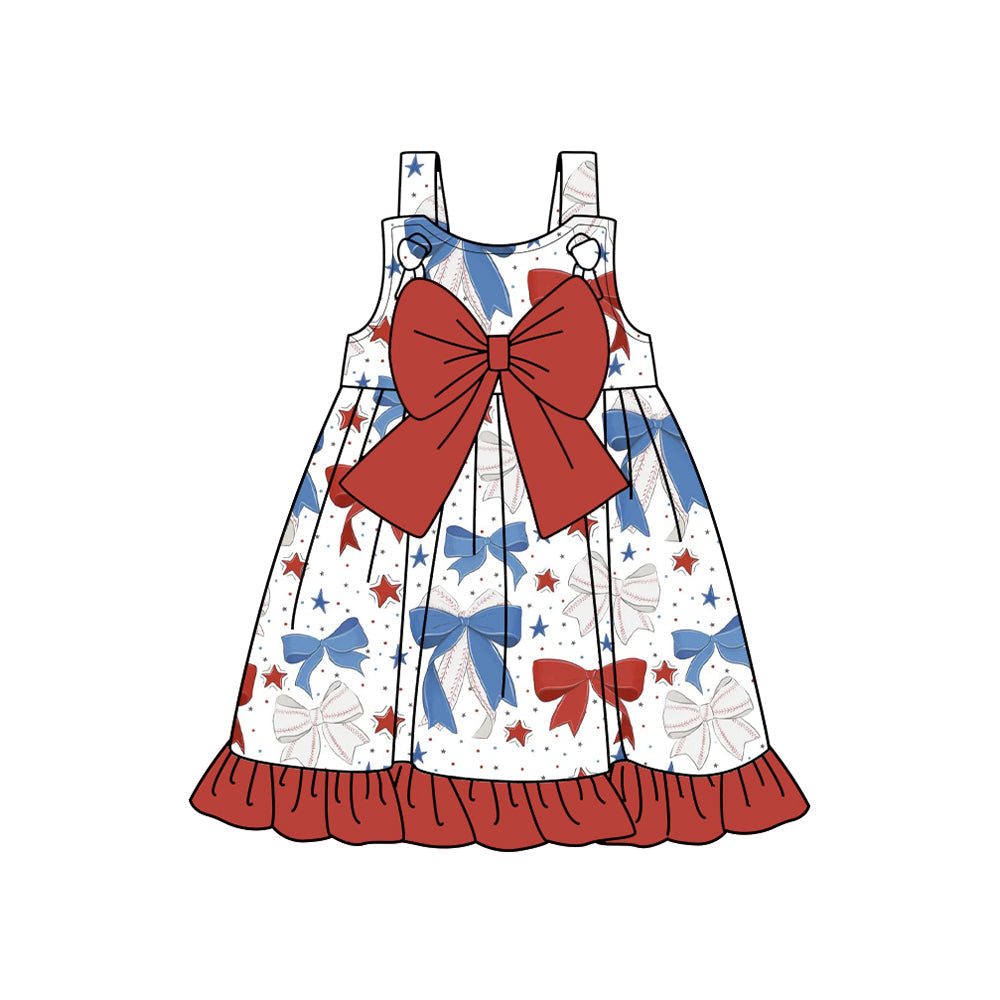 Straps red blue baseball bow baby girls dresses