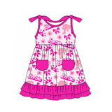 Sleeveless hot pink ruffle pocket bow party girls dresses