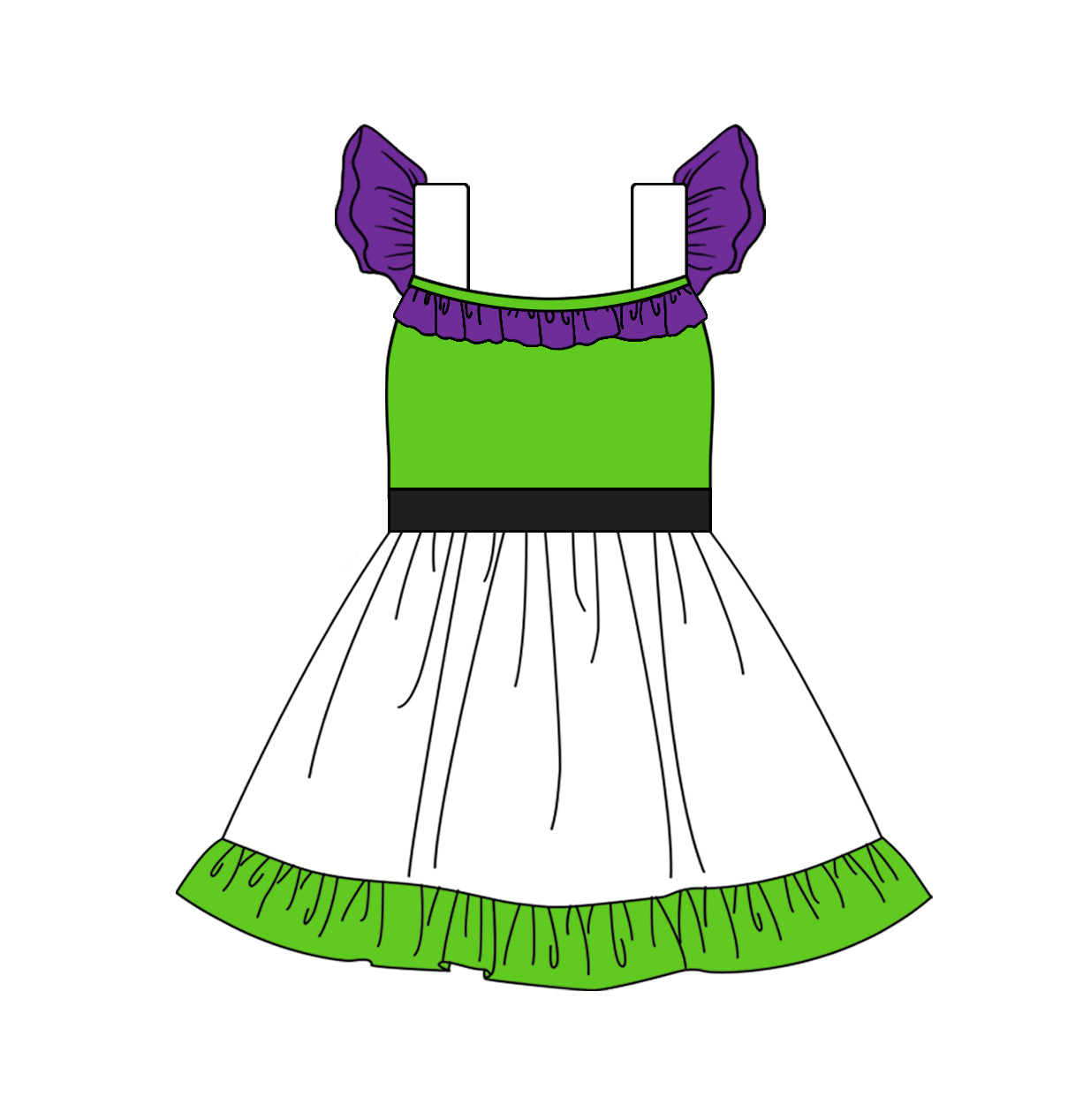 White green purple flutter sleeves ruffle princess girls dress