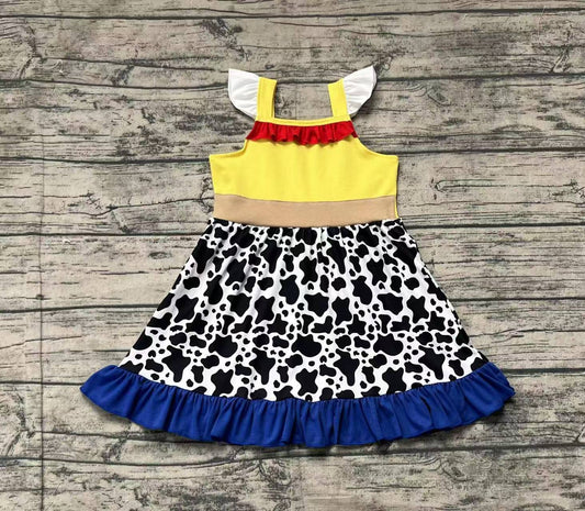 Yellow cow print flutter sleeves ruffle baby girls dress