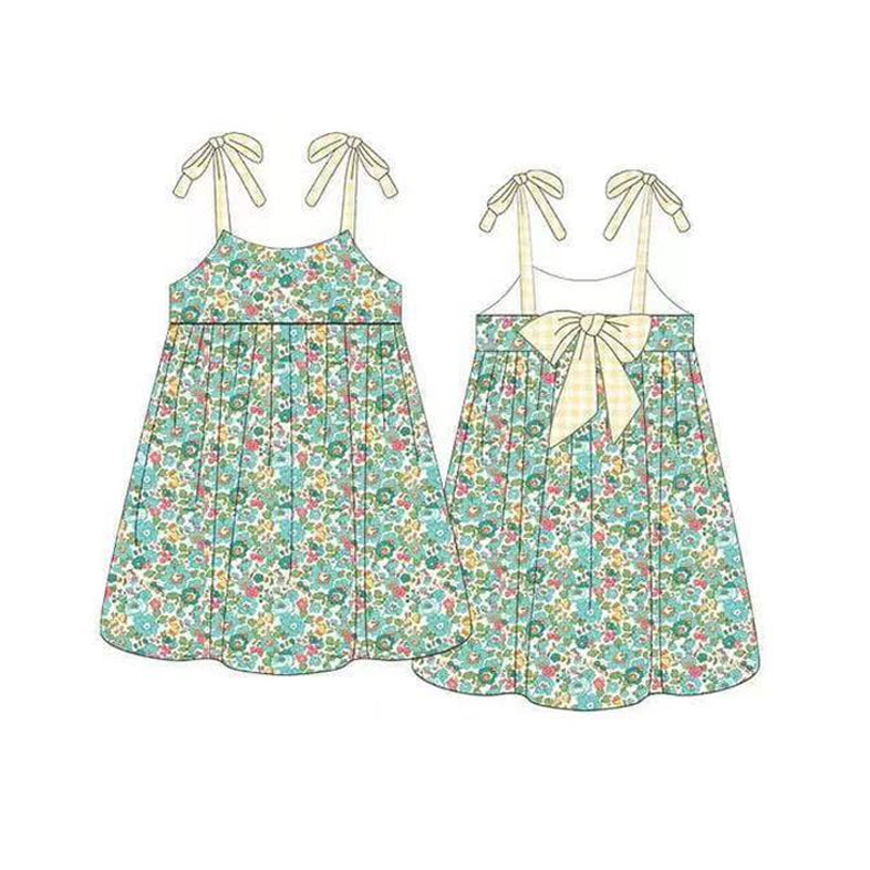 Yellow plaid straps bow floral baby girls summer dresses