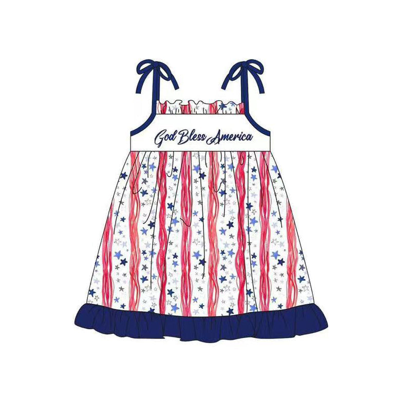 Straps god bless America stars ruffle girls 4th of july dresses