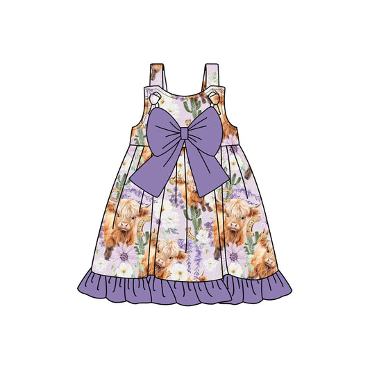 Straps purple bow highland cow cactus western girls dress