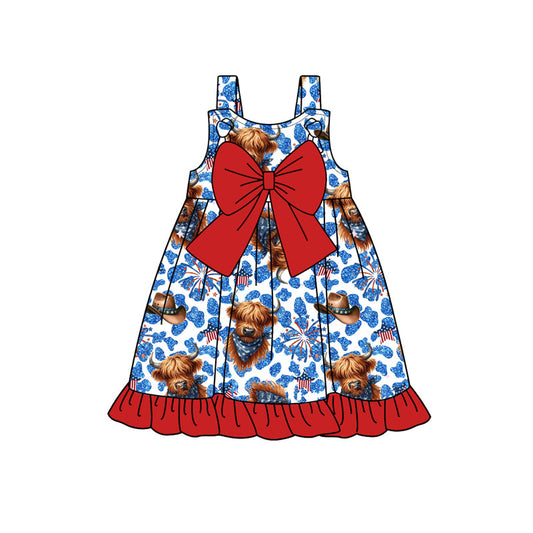 Straps highland cow blue firework girls 4th of july dress