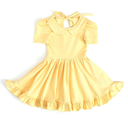 Yellow short sleeves ruffle summer girls dresses