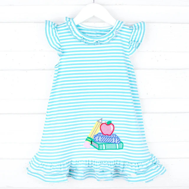 Stripe pencil apple book girls back to school dress