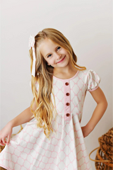 Short sleeves pink bow baby girls dresses