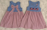 Sleeveless flag stripe bow baby girls 4th of july dresses