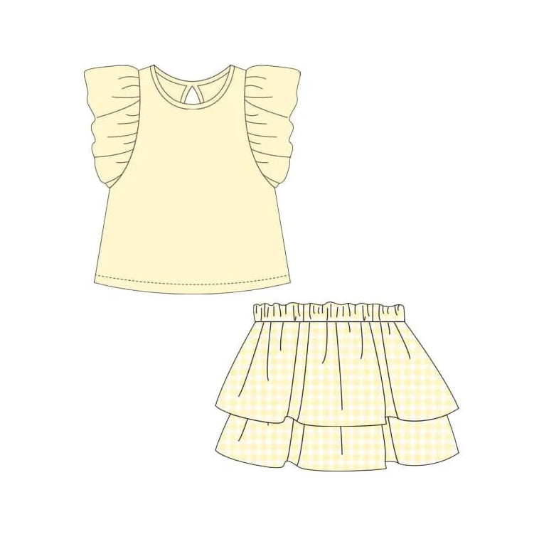 Yellow flutter sleeves top plaid skirt girls clothing set