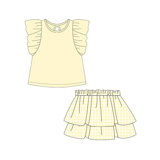 Yellow flutter sleeves top plaid skirt girls clothing set