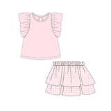 Pink flutter sleeves top plaid skirt girls clothing set