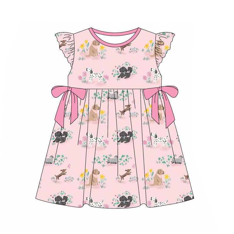 Flutter sleeves pink bow floral dog baby girls dresses