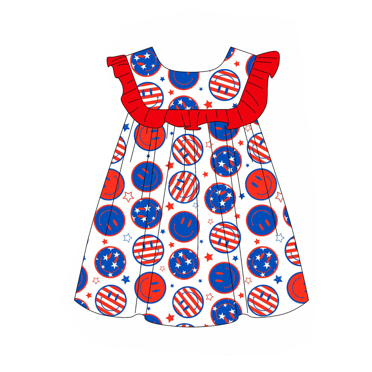 Red ruffle stars stripe smile baby girls 4th of july dresses