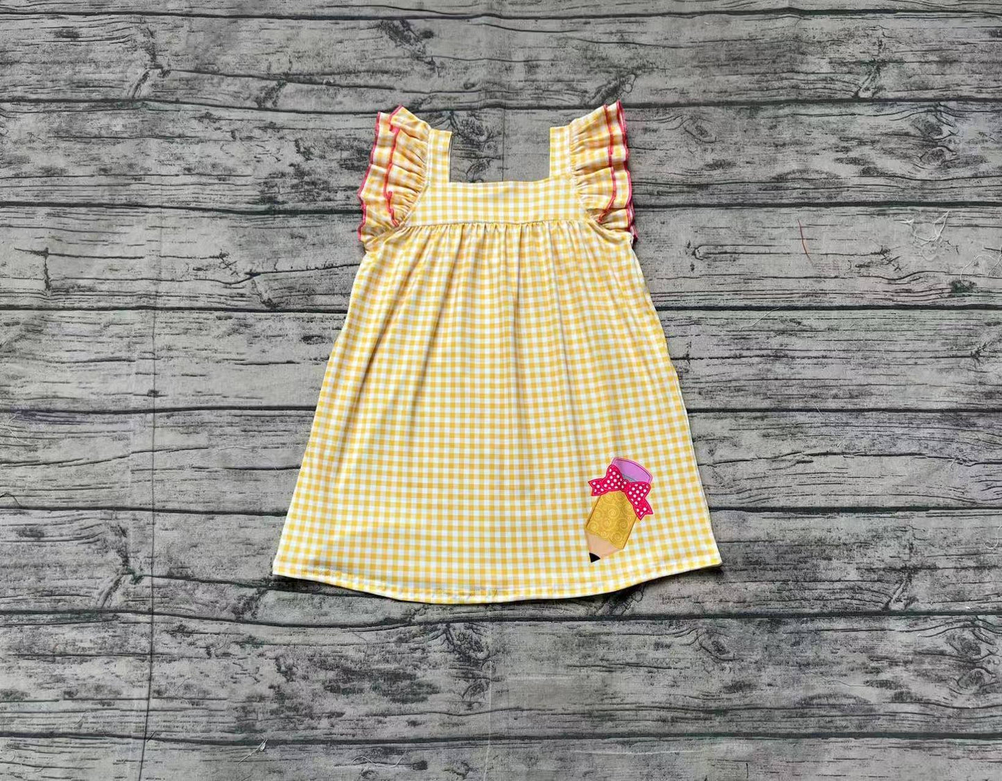 Yellow plaid flutter sleeves pencil girls back to school dress