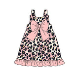 Peach bow straps leopard ruffle baby girls dresses