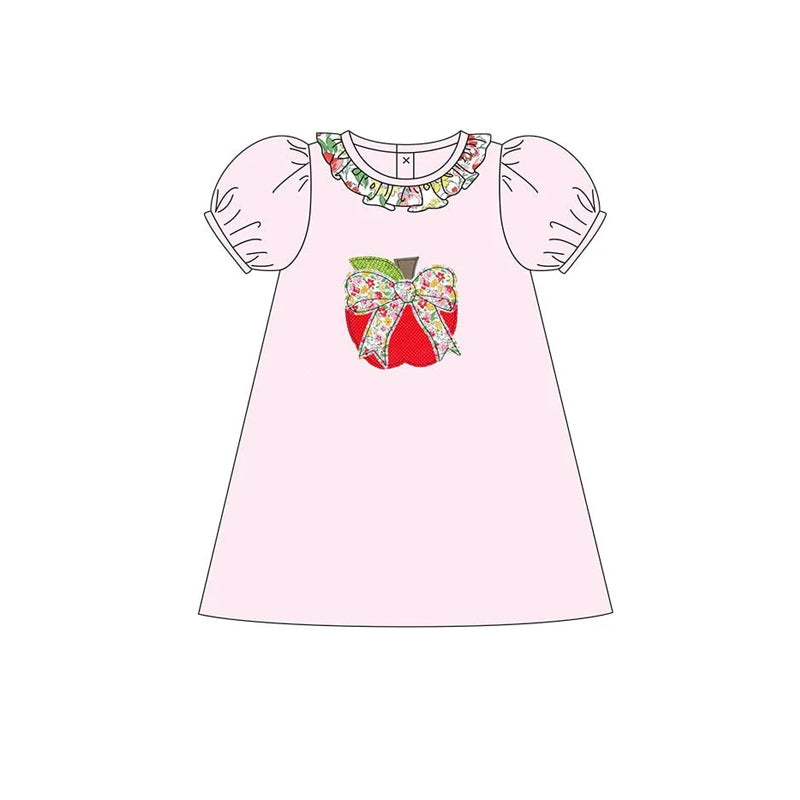Floral ruffle pink apple bow girls back to school dresses