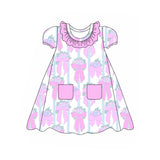 Pink ruffle short sleeves floral bow baby girls dresses