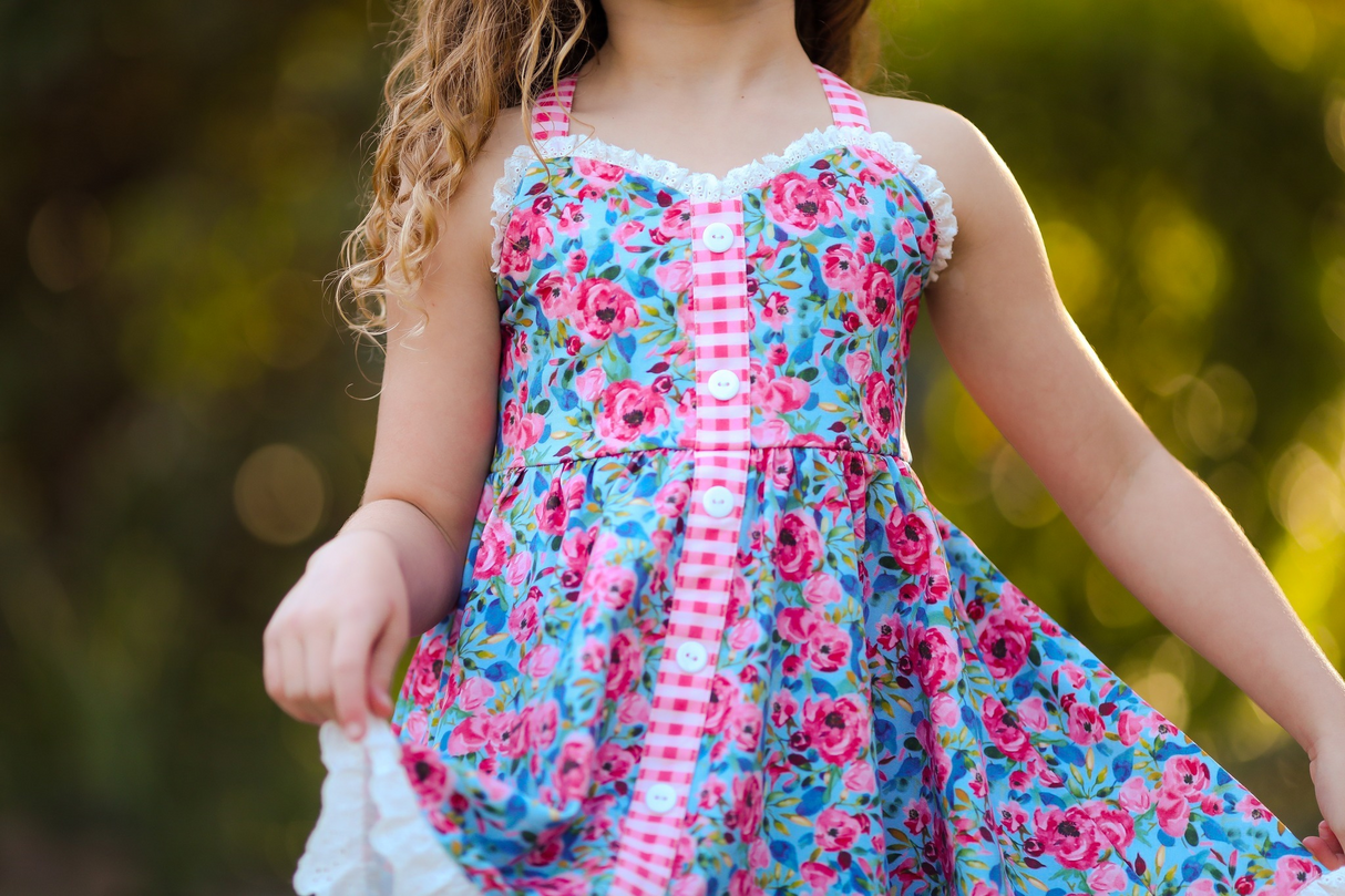 Pink plaid straps floral buttons baby girls summer dresses
