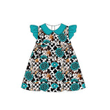 Flutter sleeves turquoise bull skull plaid western girls dress