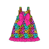 Hot pink bow colorful leopard ruffle baby girls dresses