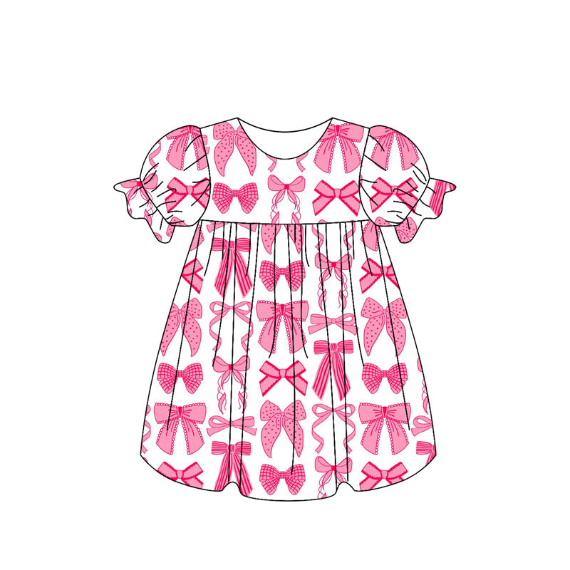 Short sleeves pink bow kids girls summer dresses