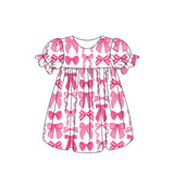 Short sleeves pink bow kids girls summer dresses