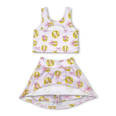 Sleeveless softball bow top skirt girls active wear set