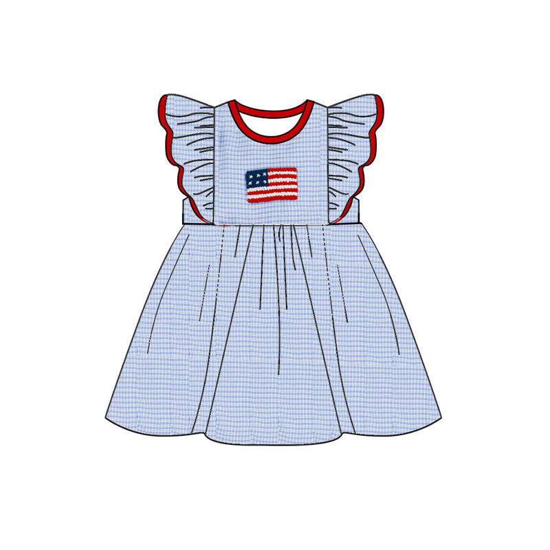 Flutter sleeves plaid flag kids girls 4th of july dresses