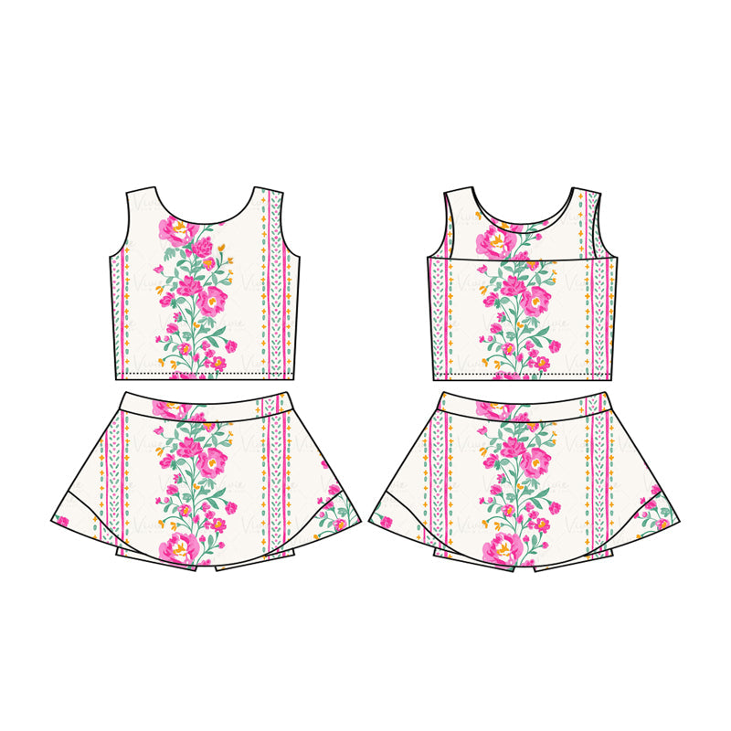 Sleeveless floral top skirt girls active wear set