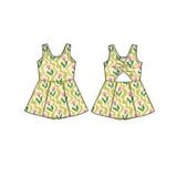 Sleeveless green pink floral kids girls athletic dresses