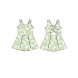 Sleeveless green floral bow kids girls athletic dresses