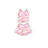 Pink white floral sleeveless top skirt girls active set