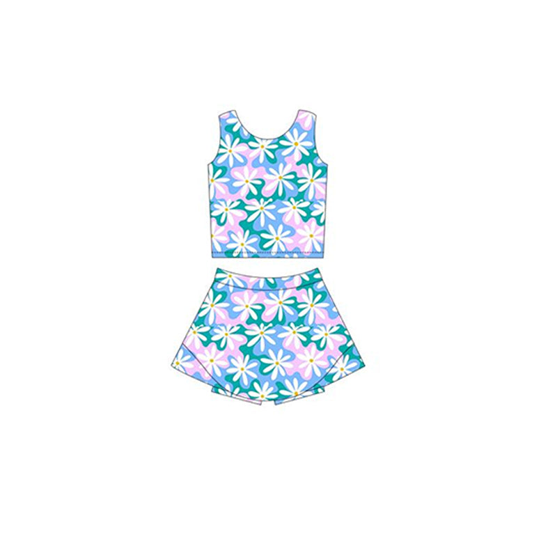Light blue pink floral sleeveless top skirt girls active set