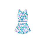 Light blue pink floral sleeveless top skirt girls active set