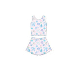 Pink floral bow sleeveless top skirt girls active set