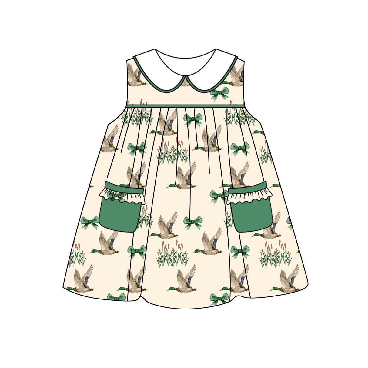 Sleeveless green bow duck pockets baby girls dresses