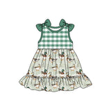 Green plaid bow sleeveless duck ruffle girls dresses