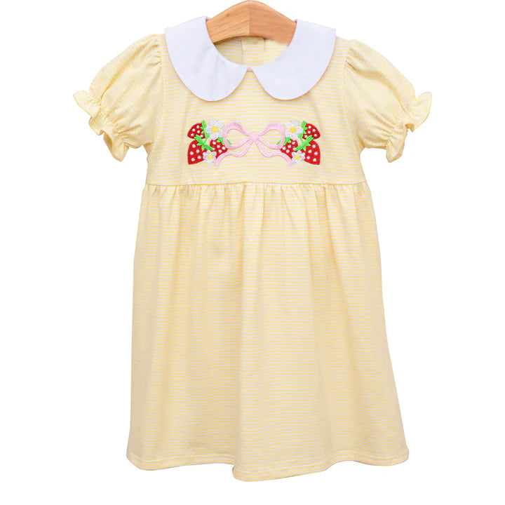 Short sleeves yellow stripe strawberry bow baby girls dresses