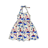 Red blue dinosaur kids girls 4th of july halter dresses
