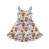 Straps highland cow red blue floral girls 4th of july dresses