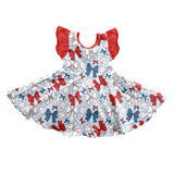 Flutter sleeves red blue bow baseball kids girls dresses