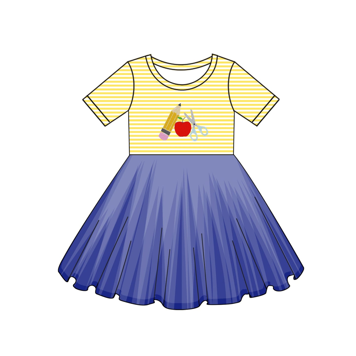 Yellow stripe apple pencil girls back to school tulle dress