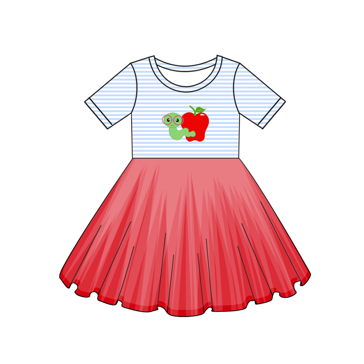 Stripe apple worm red tulle girls back to school dress