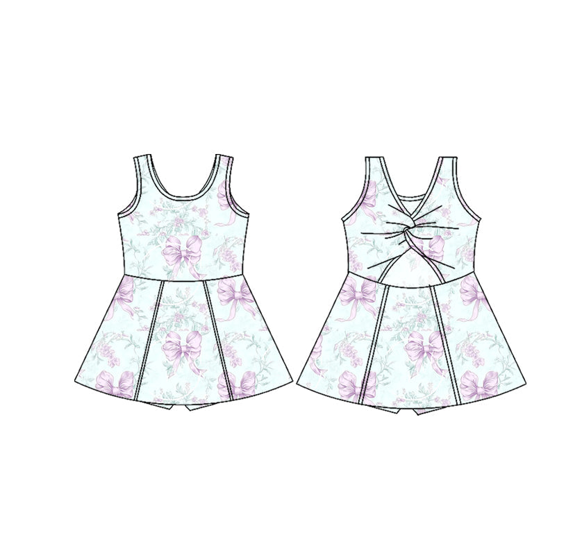 Sleeveless lavender bow floral toddler girls athletic dresses