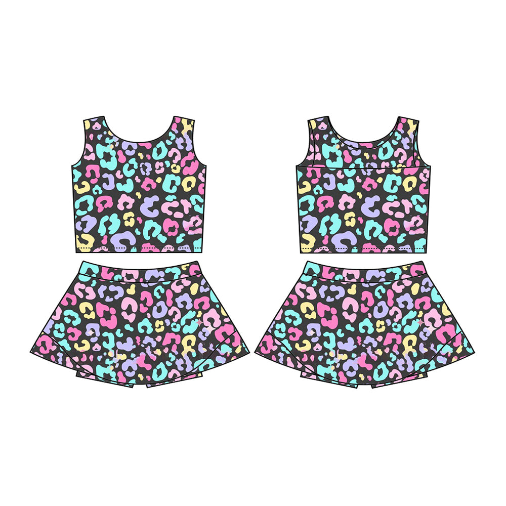 Sleeveless colorful leopard kids girls active wear set