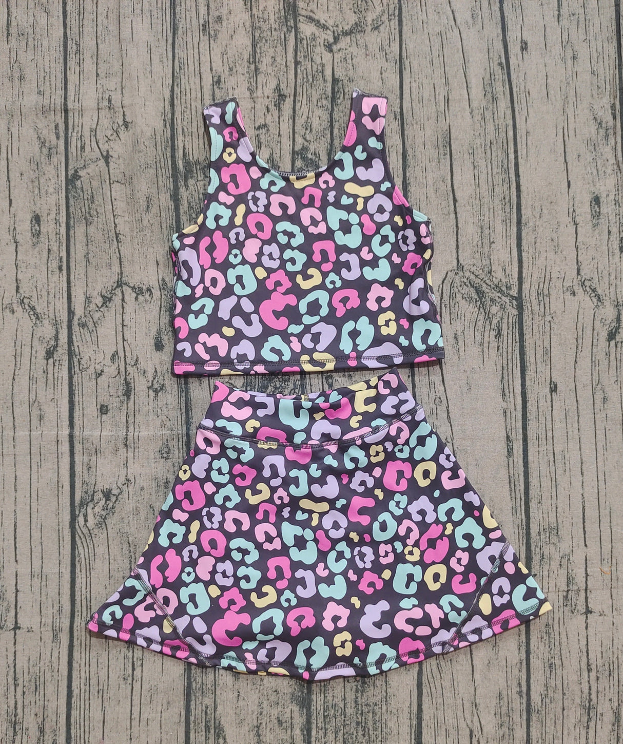 Sleeveless colorful leopard kids girls active wear set