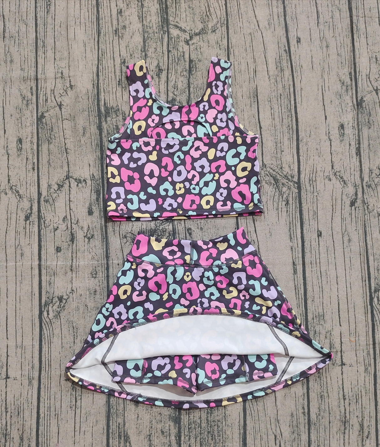 Sleeveless colorful leopard kids girls active wear set