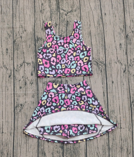 Sleeveless colorful leopard kids girls active wear set